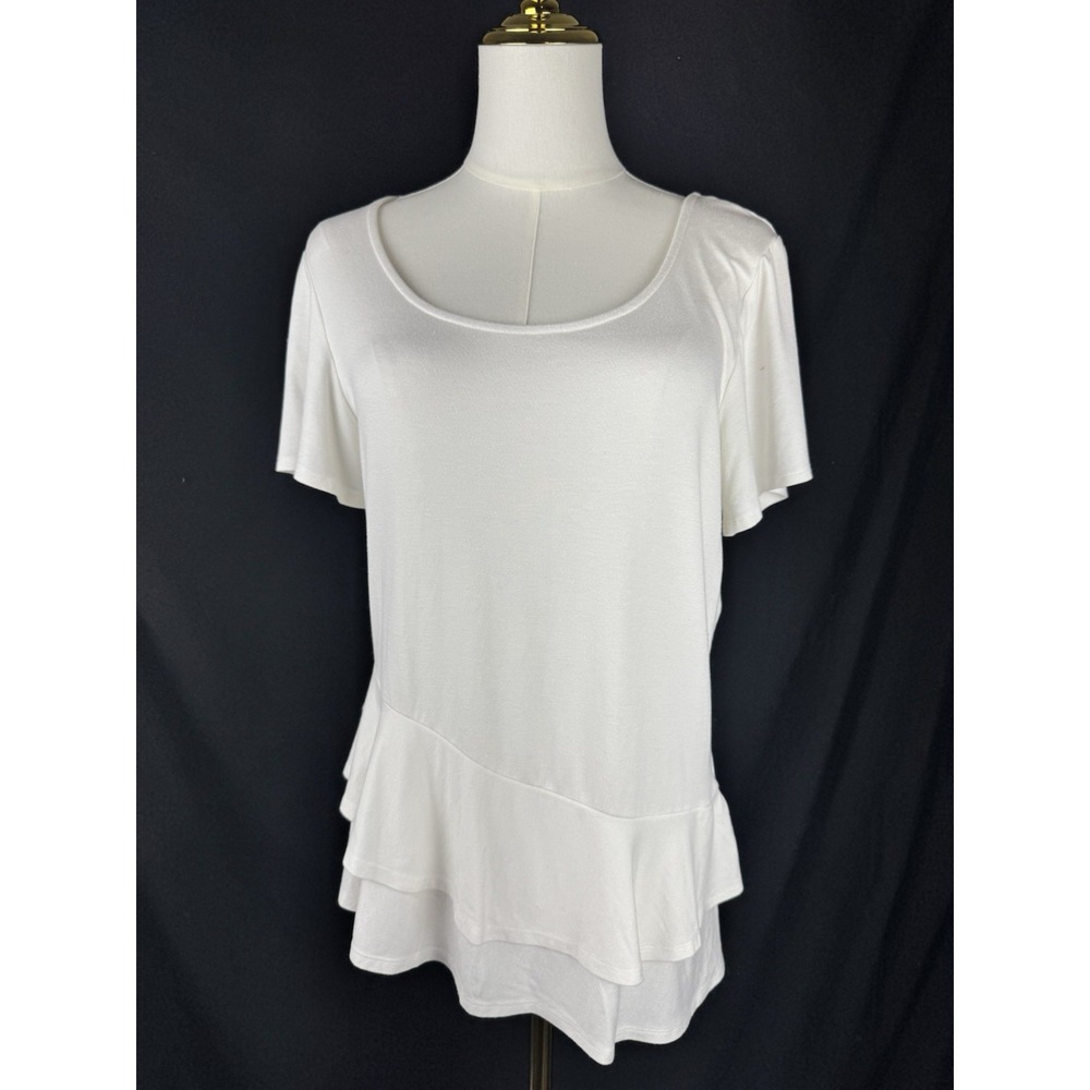 WHBM White Scoop Neck Short Sleeve Asymmetrical Peplum Ruffle Hem Top Medium